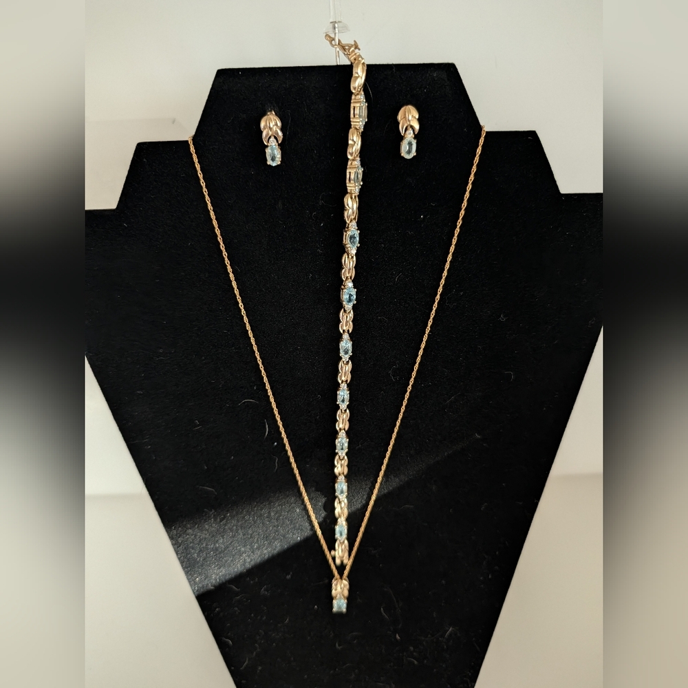 Sterling Blue Topaz & CZ Necklace, Bracelet & Earrings Set
